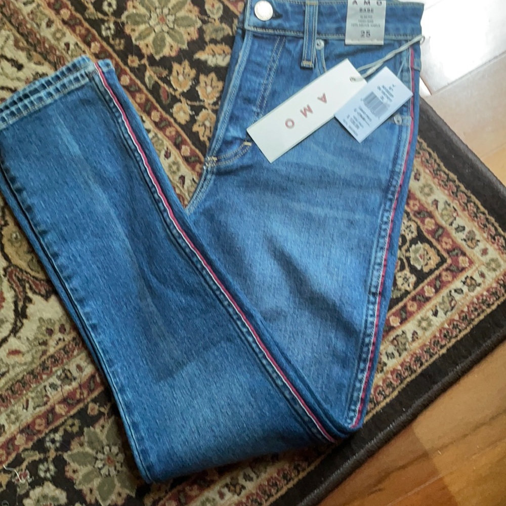 AMO Women's Blue Denim Jeans with Red-Trim Side Stripe